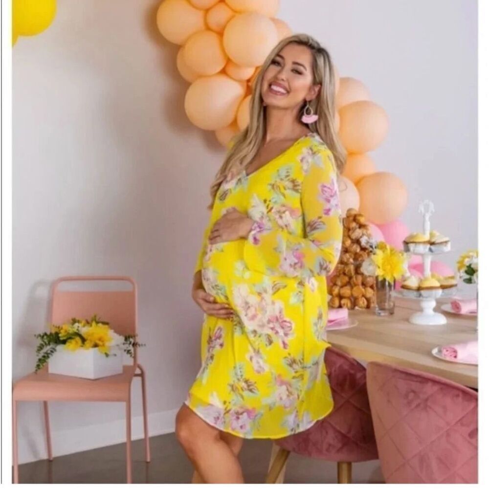 PinkBlush Yellow Floral Swing Maternity Dress sz M EUC